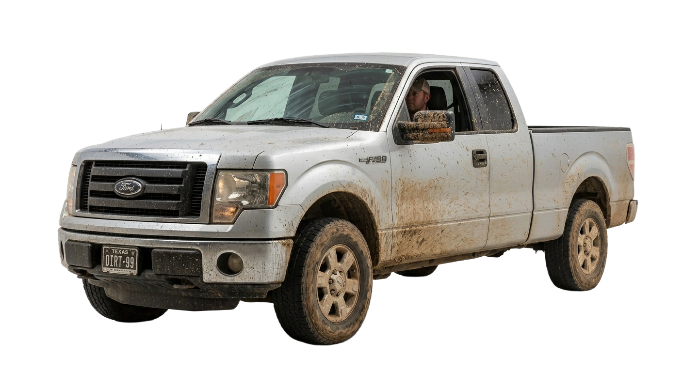 Dirty mud-covered Ford F-150 truck in Grand Prairie Texas
