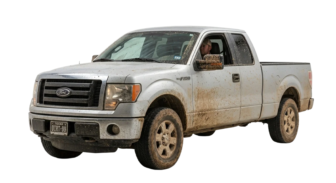 Dirty mud-covered Ford F-150 truck in Grand Prairie Texas